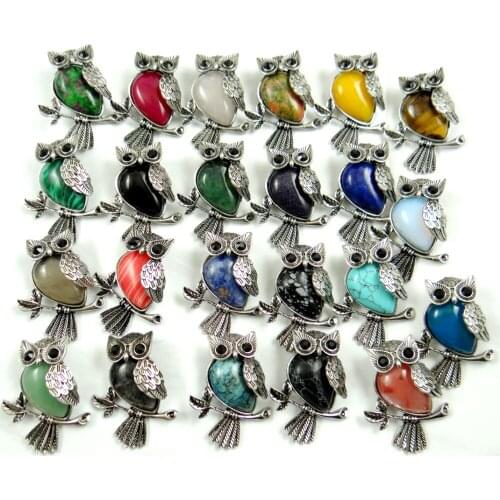 Natural stone lazuli tiger eye Opal mixed Gems stone beads animal Owl Archaize silver Pendant necklace for making Jewelry 1PC