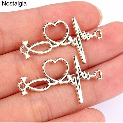 Nostalgia 10Pcs Heartbeat Life Line Pulse ECG Jewelry Romantic Heart Gold Connector Charm 34*19MM