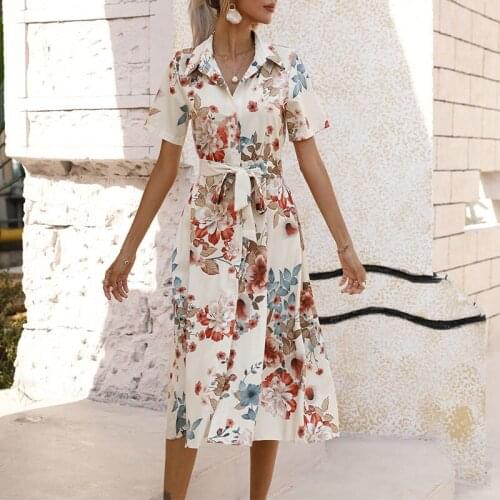 New Single-breasted Froal Print Dress Turn Down Collar Short Sleeve Female Lace Up Dresses Summer Office Lady Elegant Vestidos