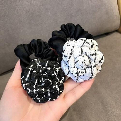 Black White Handmade Flower Hair Ties Ropes Elastic Hair Bands Elegant Weave Camellia Rose Romantic Daily Hair Accessories Gifts