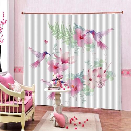 Custom Pastoral Style Pink Flower Green leaf Curtain Digital Print For Living Room Bedroom Birds Blackout Indoor Drapes Sets