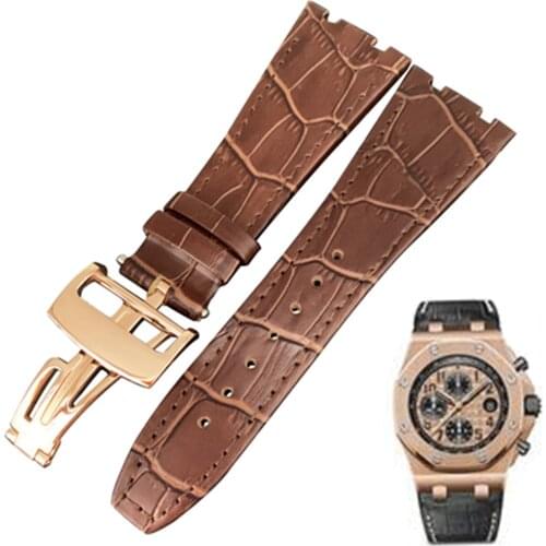 High quality negenuine leather watchband double line strap for AP WATCH band 26mm with stainless steel folding clasp black