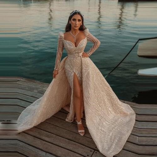 Luxury Beaded Mermaid Wedding Dress In Dubai Puffy Long Sleeves Wedding Gowns For Bridal With Overskirt Plus Size
