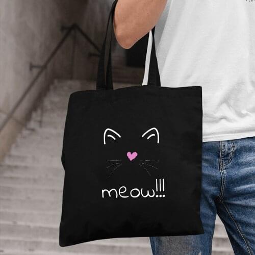 Animal Cat Print Tote Bag for Women Folding Casual Shopping Bags Canvas Handbags Pouch Reusable Eco Zipper for Girls Storage Bag