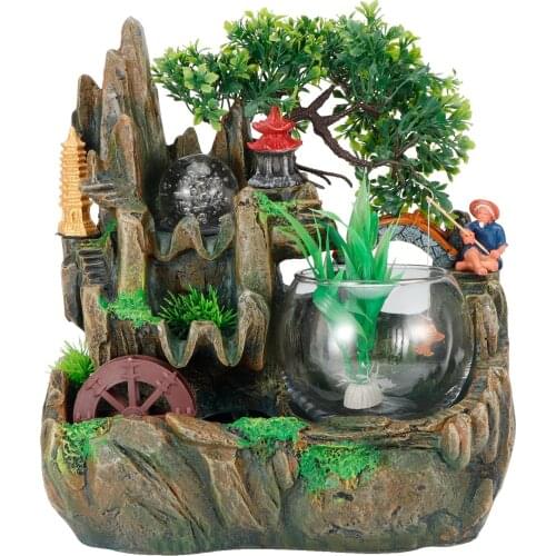 LED Waterfall Fountain Ornaments with Fish Tank Atomizer for Home Office Desktop Decoration Crafts