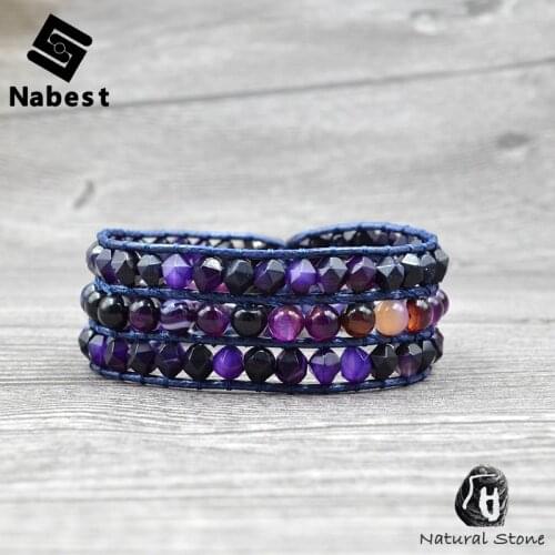 Vintage Women Men Purple Onyx Bracelet Natural Black Network Stone Beaded Bangle Wax Rope Wrap Cuff Wrist Chain Boho Jewelry