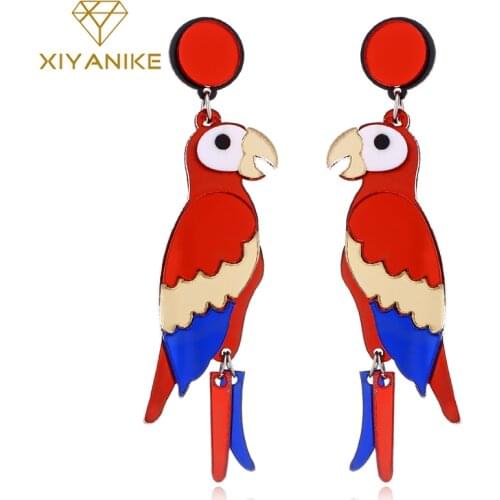 XIYANIKE Hyperbole Acrylic Parrots Drop Earrings Colorful Feather Birds Pattern Earrings Long Statement Jewelry for Women E561
