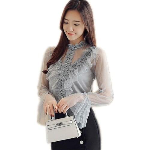 Sexy Chiffon Women Blouses 2019 Fashion Perspective Long Flare Sleeve Blouses Female Sweet Lace Shirts Stand-Collar Tops Q1218