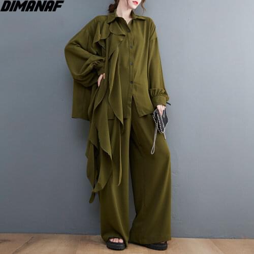 DIMANAF 2021 Women Two Piece Set Casual Tassel Lace Tops Shirts Autumn Loose Wide Leg Pants Oversized Spring Summer Oversize
