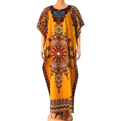 2020 Dashikiage African Dashiki Print Appliques Short Sleeve Maxi Dresses Fashion 100% Cotton Elegant African Dresses For Women