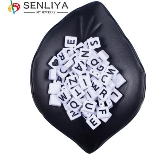 New 4*9mm Double Holes Square Shape Acrylic Letter Beads 50/100/200Pcs White + Black English Character Plastic Alphabet Jewelry