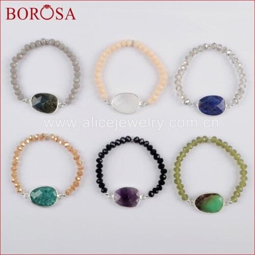 BOROSA 5PCS Silver Color Labradorite White Quartz Lapis Amazonite Faceted Bracelet 4x6mm Glass Crystal Beads Bracelets S1560