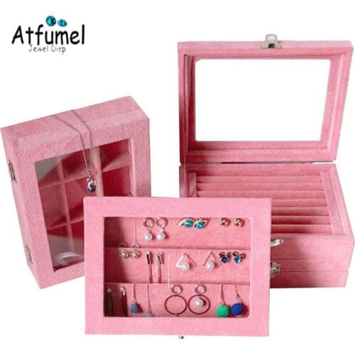 Pink Velvet Jewelry Carry Case With Glass Lid Jewelry Ring Earring Display Storage Box Holder Ring Diamond Necklace Jewelry Box