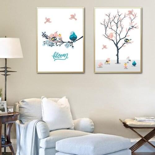 Lovely Bird Wall Art Canvas Paintings Prints Posters Nursery Art Nordic Animal Tree Wall Picture Baby Children Room Decoration