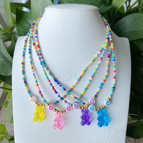 Handmade Colorful Plastic Bear handmade Glass beads Choker Necklaces For Women Jewelry