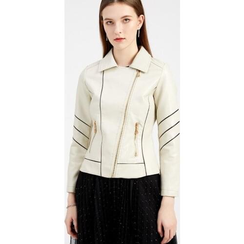 All-match Jacket 2021 Autumn Imitation Leather Womens Striped Short Coat Zipper Pocket Thin Motorcycle Jacket Womens Clothing