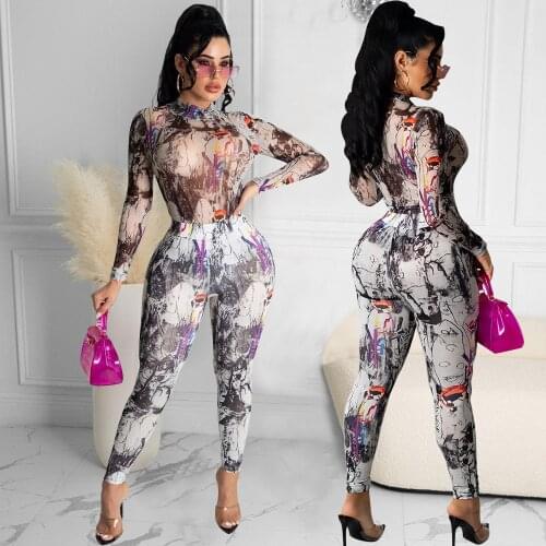SUJYing Summer Womens Fashion Casual Suit Sexy Mesh One Piece Two Piece Womens Suit Printed Trousers Long Sleeves Jumpsuits