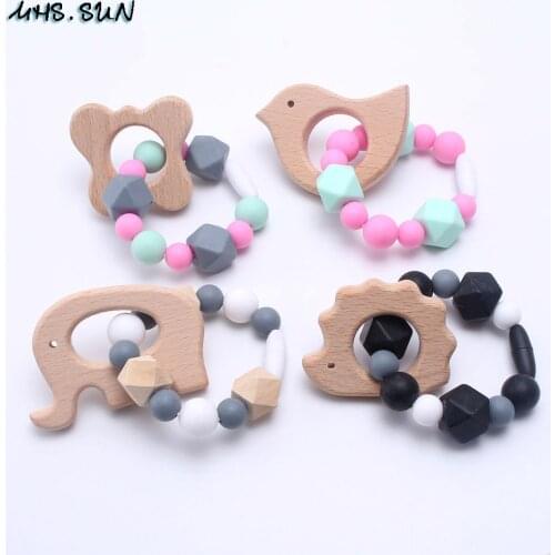 MHS.SUN 1PC Wooden Baby Bracelet Cute Animal Teething Toy For Baby Organic Wood Silicone Beads Baby Rattle Stroller Accessories