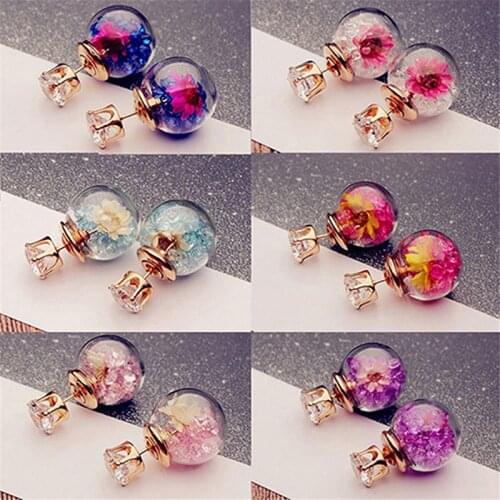 Korean Fashion Double Glass Ball Natural Dried Flower Earrings Charm Spherical Earrings Ornaments For Women Jewelry Party Gift
