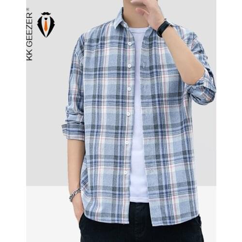 Men Plaid Shirt Flannel Long Sleeve Stripe Shirts Street Pocket Japan Cotton Loose Slim Fit Male Casual Soft Tuxedo Formal Shirt