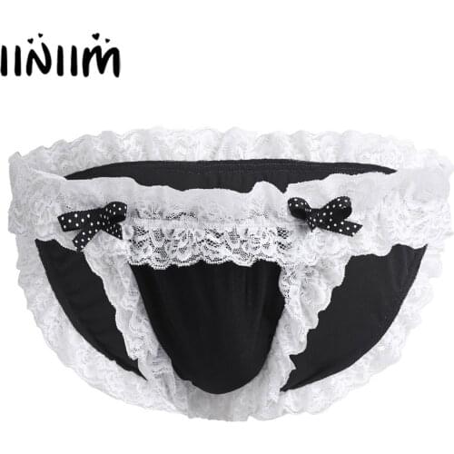 Mens Lingerie Maid Floral Lace Sissy Panties Low-rise Soft Bikini Briefs Jockstraps Underwear Underpants Gay Male Underwear