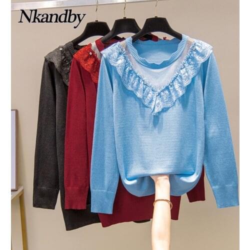Nkandby Plus Size Lace Ruffles Round Neck Pullovers Sweater Women Autumn Casual Loose Diamonds Mesh Patchwork Large Size Tops