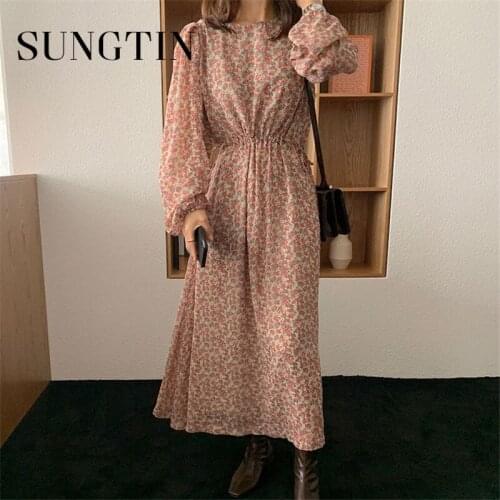 Sungtin Casual Spring Floral Print Chiffon Dress Women O Neck Slim Elastic Waist Female Flower Dress Elegant A Line Vestidos New