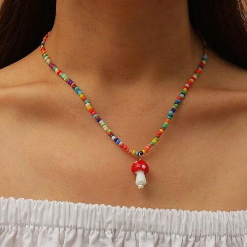 Bohemian Lady Multicolor Beads Handmade Necklace Fashion Glass Mushroom Pendant Jewelry Gifts