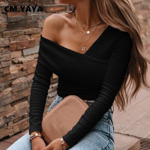 CM.YAYA Off Shoulder Plunging V-neck Long Sleeve Tee Tops for Women Streetwear Sexy Party Croped T-Shirt fall winter