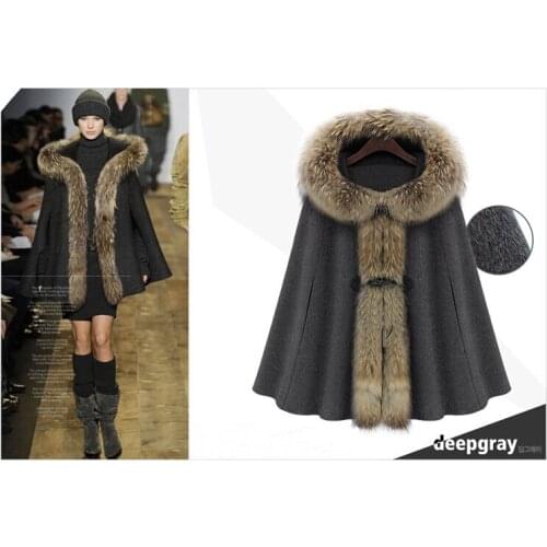 Womens Winter Fashion Big Faux Fur Hooded Cloak Jacket, Grey and Camel Luxury Woolen Cloak