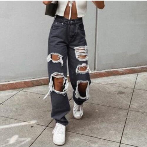 Womens Fashion Sexy Jeans Casual High Waist Pants Ripped Trousers Women Jeans Retro Denim Ripped Holes Frayed Loose Jeans Women