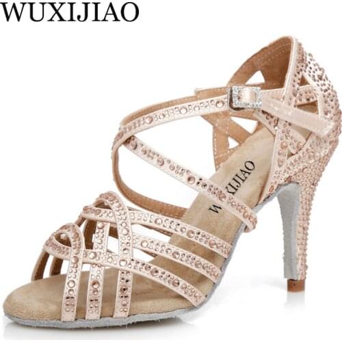 WUXIJIAO Latin dance shoes big small rhinestone bright Black bronze satin Women Salsa dance shoes wedding party shoes Flare 9cm