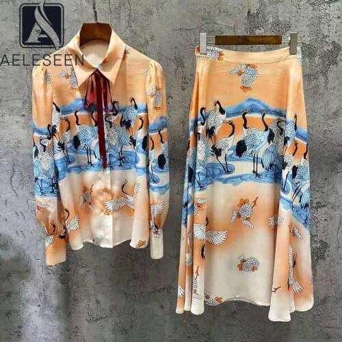 AELESEEN High Quality 100% Silk Sets Women Autumn New Elegant Blouse With Tie+Long Skirt Flower Crane Print 2 Pieces Sets
