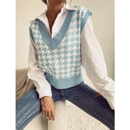 New Fashion Women Animal Pattern Knitted Pull Sweater Vest V Neck Sleeveless Jumper Pullovers Korean Plaid Y2k Loose Tops