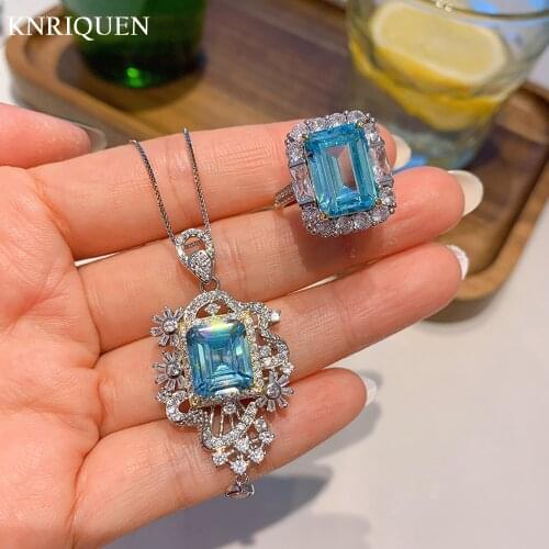 2021 Vintage Aquamarine Gemstone Ring Pendant Necklace for Women Real 100% 925 Sterling Silver Jewelry Sets Anniversary Gift