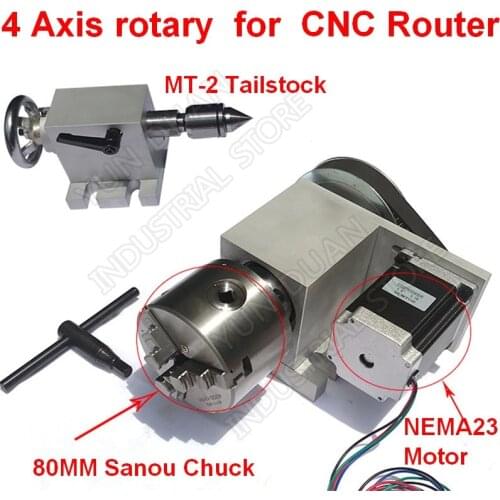 4 Axis rotation A Axis Extend Rotary & Nema23 stepper motor 3 Jaw 80mm Chuck& MT2 Tailstock for wood CNC Milling Router