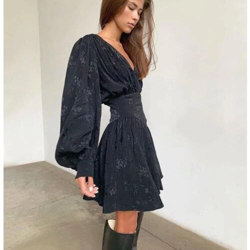 Foridol Black Floral Saitn Dress Women Long Sleeve Mini Dress for Spring Autumn Vintage Elegant Dress 2021 Vestido Elegante