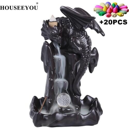 +20Cones LED Dragon Burner Ceramic Smoke Backflow Incense Holder Aromatherapy Furnace Smell Aromatic Home Decor Censer