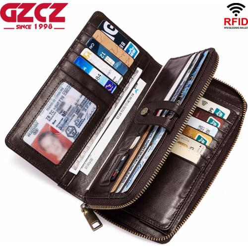 Genuine Leather Mens Wallet RFID Blocking Women Lady Long Purse Coin Case Passport Cover For Mens Credit Card Holder Quality