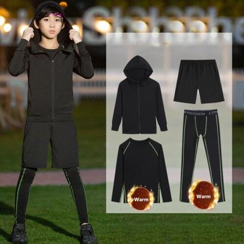 Warm 4 Pieces Running Set Kids Mens Sports Suits Jogging Basketball Underwear Sportswear Gym Fitness Tracksuit Training Clothes