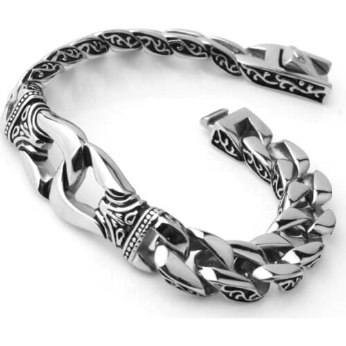 12mm 8.66" Fashion Silver Color Mens Bracelet 316L Stainless Steel Vintage Curved Curb Cuban Link Bangle Jewelry