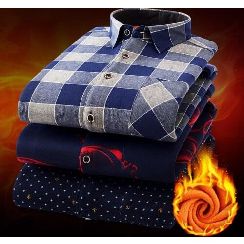 Winter Mens Plaid Plush Thickened Long Sleeve Warm Shirt Fleece Lining Flannel Cotton Winter Casual Mens Brand Dress Shirt