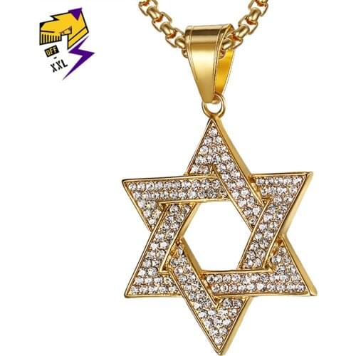 Magen Star of David Necklaces for Men Cool 316L Stainless Steel Hiphop Crystal Hexagon Pentagram Necklace Israel Jewish Male