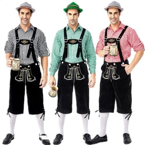 Deluxe Mens Oktoberfest Lederhosen with Plaid shirt Hat Costumes Bavaria Traditional Festival Beer Men Costume