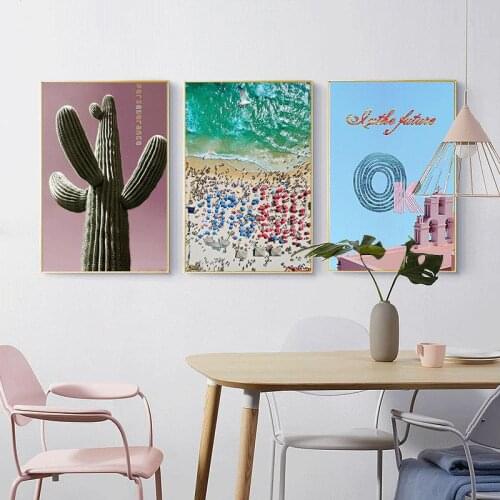 Beach and Cactus Canvas Poster Wall Art Print Painting Nordic Decorative Picture Scandinavian Modern Tropical Living Room Décor