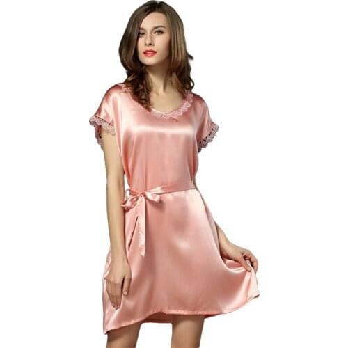 100% Silk Satin Women Nightgown Short Sleeves Nightdress Solid Color Ladies Sleepwear with the Waistband sp0041