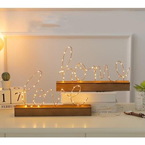 Nordic Wire Nightlight Desktop Decorative Love/Home Shape Letter Lamp Living Room Bedroom Wooden Night Light