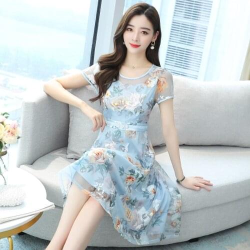 2021Women Print Dress Vintage short Sleeve Casual Loose Pleated Dress Party Dress