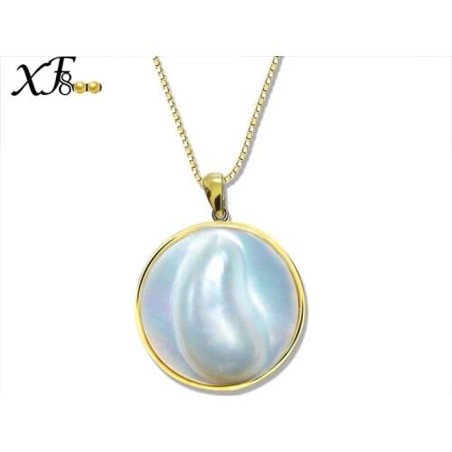 XF800 Yellow Gold MABE Pearl Pendant Romantic 18K Poached egg shape Pendants Necklace Adjustable For Lover D313