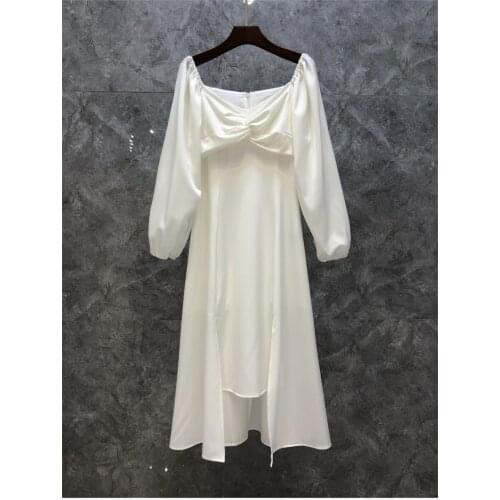 Luxury Dress 2021 Autumn Elegant Party Women Sexy V--Neck Pleated Chest Deco Long Sleeve Mid-Calf Blue Red White Black Dress OL